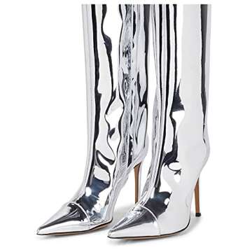 Arqa Women's Metallic Knee High Boots Stiletto High Heels Wide Calf Boot with Zipper Pointed Toe Dressy Booties Chrome Silver Size 9