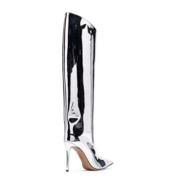 Arqa Women's Metallic Knee High Boots Stiletto High Heels Wide Calf Boot with Zipper Pointed Toe Dressy Booties Chrome Silver Size 9