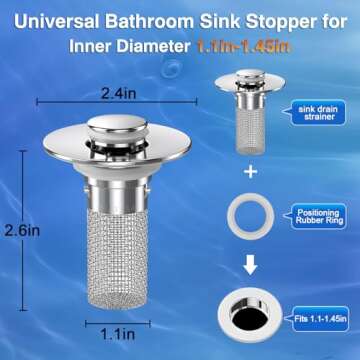 Bathroom Sink Stopper Hair Catcher, Pop-up Sink Drain Strainer with Removable Stainless Steel Strainer Basket Hair Catcher, Bathroom Sink Strainer for Bathroom Sink Stopper Replacement. (2PCS)