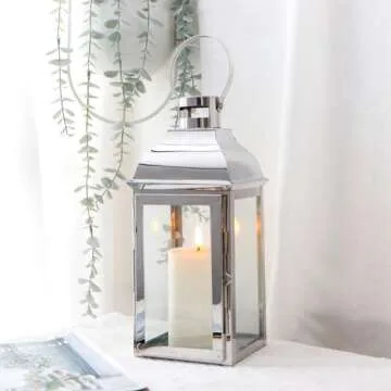 JHY DESIGN Silver Decorative Lanterns 12.5''High Stainless Steel Candle Lanterns with Tempered Glass for Indoor Outdoor Events Parities and Weddings Vintage Style Hanging Lamps