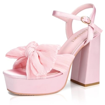 KHPAERMEI Bow Knot Platform Heels for Women Fashion Open Toe Chunky Heeled Sandals Ankle Strap Weddi...