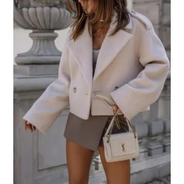 yoeasy Womens Casual Cropped Wool Blend Pea Coat Button Down Long Sleeve Lapel Jacket Short Trench Coat Outerwear (Large, Apricot)