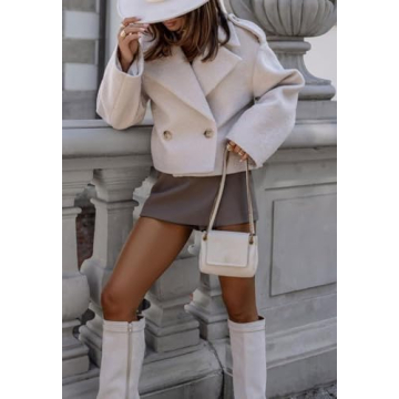 yoeasy Womens Casual Cropped Wool Blend Pea Coat Button Down Long Sleeve Lapel Jacket Short Trench Coat Outerwear (Large, Apricot)