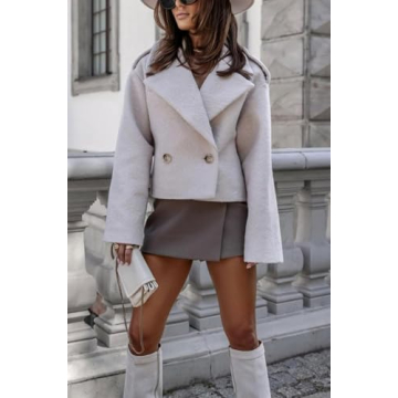 yoeasy Womens Casual Cropped Wool Blend Pea Coat Button Down Long Sleeve Lapel Jacket Short Trench Coat Outerwear (Large, Apricot)