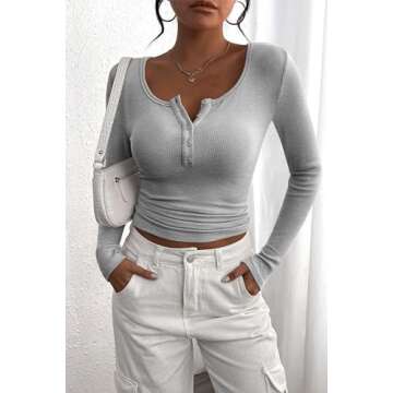 PRETTYGARDEN Women's 2025 Spring Fall Long Sleeve Henley T Shirts Button Ribbed Knit Slim Fit Casual Basic Tops Blouse (Grey,Small)