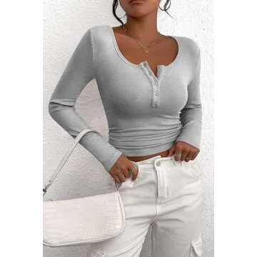 PRETTYGARDEN Women's 2025 Spring Fall Long Sleeve Henley T Shirts Button Ribbed Knit Slim Fit Casual Basic Tops Blouse (Grey,Small)