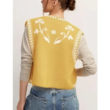 Yimoon Women's Floral Knit Embroidered Vest Y2K Sleeveless Open Front Cardigan Cropped Sweater Vest Top (Yellow-XS)