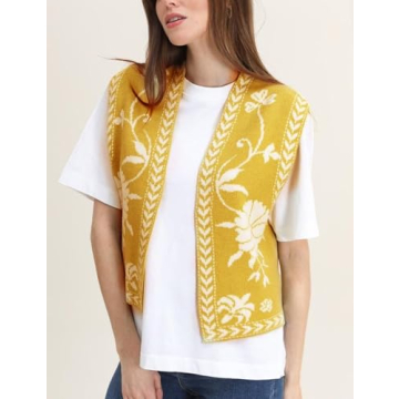 Yimoon Women's Floral Knit Embroidered Vest Y2K Sleeveless Open Front Cardigan Cropped Sweater Vest Top (Yellow-XS)