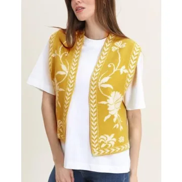 Yimoon Women's Floral Knit Embroidered Vest Y2K Sleeveless Open Front Cardigan Cropped Sweater Vest Top (Yellow-XS)