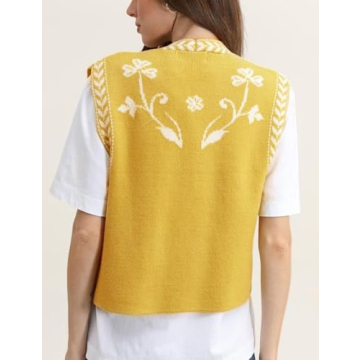 Yimoon Women's Floral Knit Embroidered Vest Y2K Sleeveless Open Front Cardigan Cropped Sweater Vest Top (Yellow-XS)