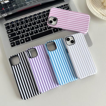 Longlayss iPhone 14 Plus/15 Plus Case - Cute Aesthetic Striped Design Shockproof Cover (Pink)