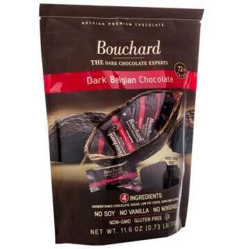 Bouchard Dark Belgian Chocolate (72% Cacao) | Individually Wrapped in Resealable Bag | No Soy, No Vanilla, No Nonsense | Non-GMO, Gluten Free, OU-D Kosher