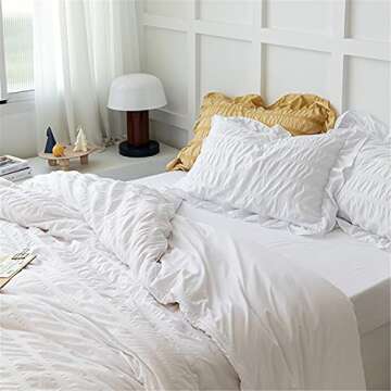 SOUKECHY White Ruffled Bedding-2 Pieces Twin Seersucker Duvet Cover Textured Stripe Style, Soft Lightweight, Washed Microfiber, Zipper Closure and Ties