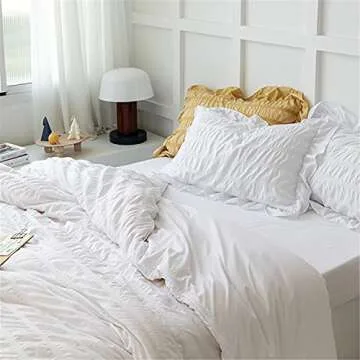 SOUKECHY White Ruffled Bedding-2 Pieces Twin Seersucker Duvet Cover Textured Stripe Style, Soft Lightweight, Washed Microfiber, Zipper Closure and Ties