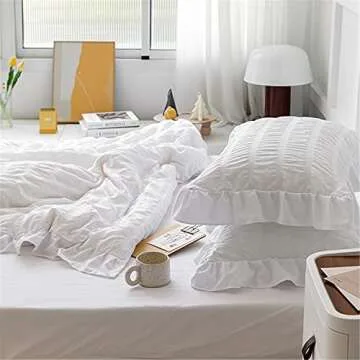 SOUKECHY White Ruffled Bedding-2 Pieces Twin Seersucker Duvet Cover Textured Stripe Style, Soft Lightweight, Washed Microfiber, Zipper Closure and Ties