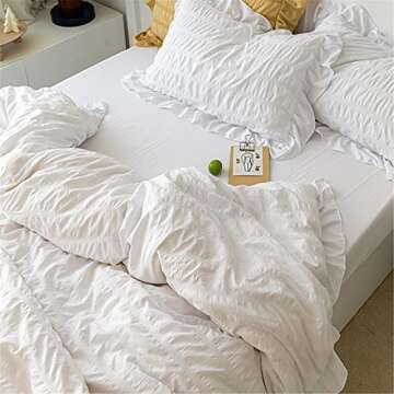 SOUKECHY White Ruffled Bedding-2 Pieces Twin Seersucker Duvet Cover Textured Stripe Style, Soft Lightweight, Washed Microfiber, Zipper Closure and Ties