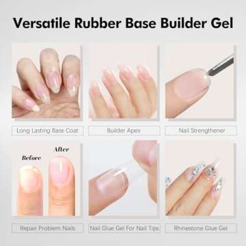 FZANEST Clear Rubber Builder Base Gel Nail Polish,5 in 1 15ml Builder Gel For Nails In A Bottle,Nail Strengthener Gel,Quick Extension Nail Gel,Soak Off Long Lasting UV LED Rubber Base Coat