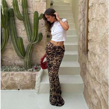 HOHOPEACH Leopard Print Skirt Cheetah Print Long Skirts for Women Trendy Y2k Summer Skirts Maxi Skir...