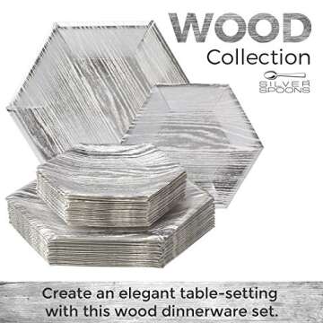 Silver Spoons PARTY DISPOSABLE 36 PC DINNERWARE SET Heavyweight Paper Plates | Hexagon Design | for Upscale Wedding and Dining (Wood Collection – White, 18 Servings