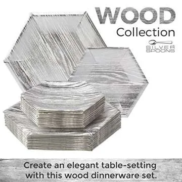 Silver Spoons PARTY DISPOSABLE 36 PC DINNERWARE SET Heavyweight Paper Plates | Hexagon Design | for Upscale Wedding and Dining (Wood Collection – White, 18 Servings