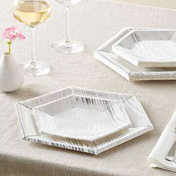 Silver Spoons PARTY DISPOSABLE 36 PC DINNERWARE SET Heavyweight Paper Plates | Hexagon Design | for Upscale Wedding and Dining (Wood Collection – White, 18 Servings