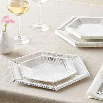 Silver Spoons PARTY DISPOSABLE 36 PC DINNERWARE SET Heavyweight Paper Plates | Hexagon Design | for Upscale Wedding and Dining (Wood Collection – White, 18 Servings