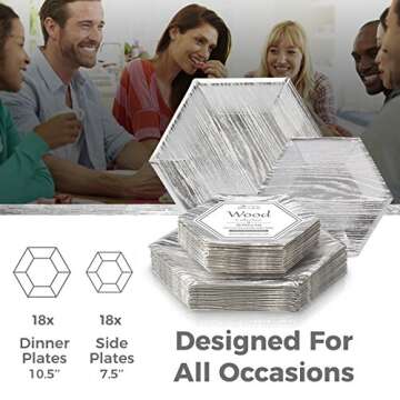 Silver Spoons PARTY DISPOSABLE 36 PC DINNERWARE SET Heavyweight Paper Plates | Hexagon Design | for Upscale Wedding and Dining (Wood Collection – White, 18 Servings