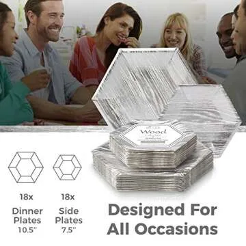 Silver Spoons PARTY DISPOSABLE 36 PC DINNERWARE SET Heavyweight Paper Plates | Hexagon Design | for Upscale Wedding and Dining (Wood Collection – White, 18 Servings