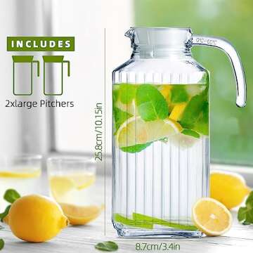 AiHeart Glass Pitcher with Lid,2pcs Glass Fridge Pitcher with Handle,Large Capacity Beverage Container Pitcher with Spout Glass Jug for Coffee, Milk, Juice - 63oz