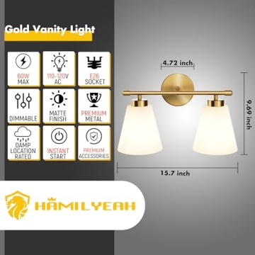 Hamilyeah Gold Bathroom Vanity Light with Glass Shade