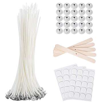 Bulk Cotton Candle Wick 8" Pre-Waxed 80 Pcs with 60Pcs Candle Wick Stickers, 5Pcs Candle Wick Center...