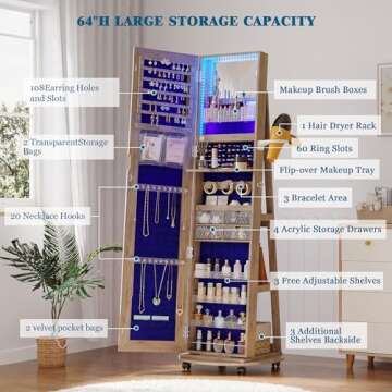 Elegant WOOVIVS 360 Jewelry Armoire with LED Lighting