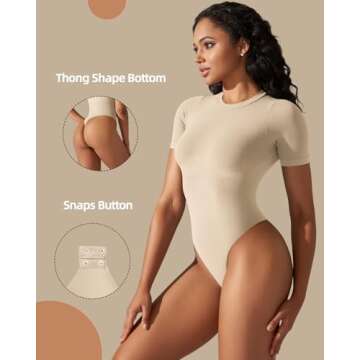 ULSFAAR Women's Bodysuit Shapewear Round Neck Shorts Sleeve Soft Thong Jumpsuit Tummy Control(Sand,M)