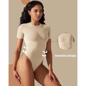 ULSFAAR Women's Bodysuit Shapewear Round Neck Shorts Sleeve Soft Thong Jumpsuit Tummy Control(Sand,M)