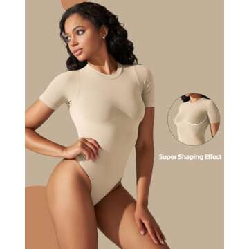ULSFAAR Women's Bodysuit Shapewear Round Neck Shorts Sleeve Soft Thong Jumpsuit Tummy Control(Sand,M)