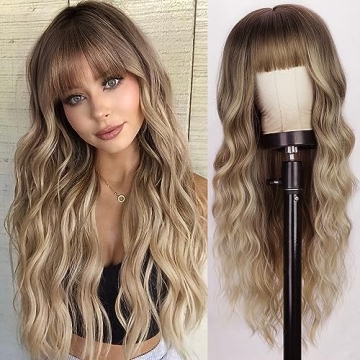 Lativ Blonde Wig With Bangs Long Wavy Curly Ombre Wig with Dark Root Synthetic Heat Resistant Wigs f...