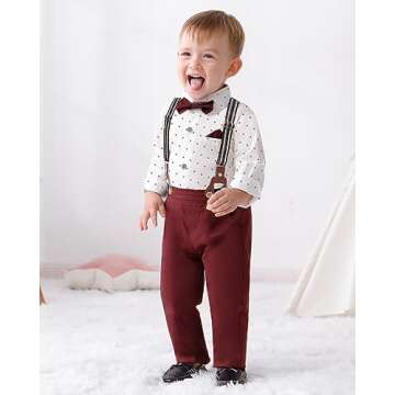 DISAUR Boys Church Outfit Short Sleeve White Flower Dress Shirt Bow Tie Suspender Christmas Red Plai...
