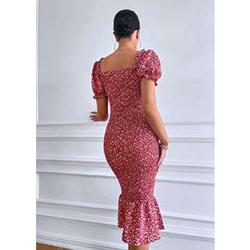 PRETTYGARDEN Women's Summer Floral Midi Bodycon Dresses Short Puff Sleeve Square Neck Ruffle Hem Mermaid Cocktail Dress (Red,Medium)