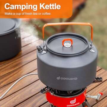 Odoland Camping Cookware Mess Kit, Camping Cooking Pot Fry Pan and 1.6L Kettle Set, Portable Camping Cookware Set with Mesh Bag for Camping, Backpacking, Outdoor Cooking and Picnic, for 3-4 People