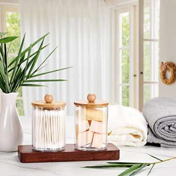 Amolliar Qtip Dispenser Apothecary Jars with Bamboo Lids - 12 oz Clear Plastic Vanity Makeup Organiz...