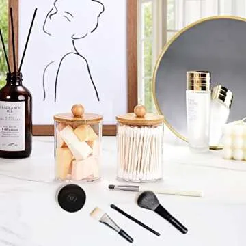 Amolliar Qtip Dispenser Apothecary Jars with Bamboo Lids - 12 oz Clear Plastic Vanity Makeup Organizer Storage Canister - Bathroom Accessories for Q-Tips, Cotton Swab, Cotton Ball, Floss (2)