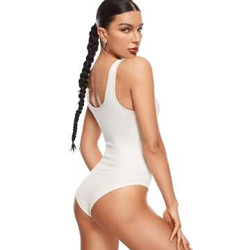 INLYRIC Women's Scoop Square Neck Sleeveless Bodysuit Ribbed Long Sleeve Tank Tops Slimming Body Suits Jumpsuits Iceland White X-Small