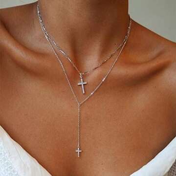 Aimimier Layered Choker Necklace Cross Necklace Rhinestone Cross Charm Pendant Necklace Bohemia Jewelry for Women(Silver)