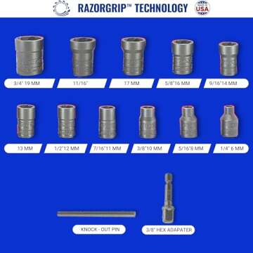 13 Piece Bolt Extractor Set | Made in USA Turbo Sockets for Stripped, Rounded, Frozen Bolts & Nuts | ⅜” Drive Impact Grade Lug Nut & Bolt Remover Kit | Nut Extractor Socket Set
