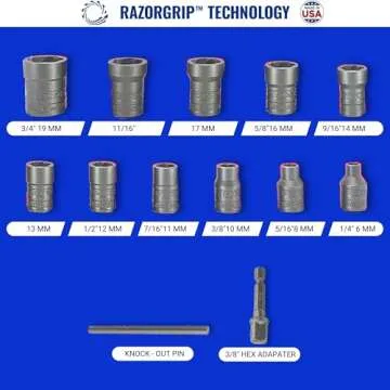 13 Piece Bolt Extractor Set | Made in USA Turbo Sockets for Stripped, Rounded, Frozen Bolts & Nuts | ⅜” Drive Impact Grade Lug Nut & Bolt Remover Kit | Nut Extractor Socket Set