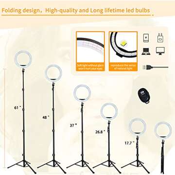 TINOSP 10" Selfie Ring Light with 61" Tripod Stand & 2 Cell Phone Holders for Zoom/Makeup, Dimmable Led Ring Light with Remote Compatible with YouTube/Live/Tiktok/Instagram, Fit for Gopro & Camera