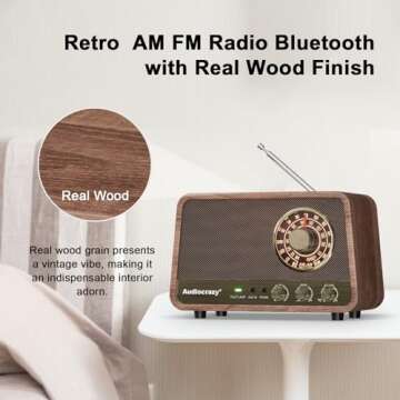 Audiocrazy AM FM Radio Retro Table Top Radio with Bluetooth Speaker,Vintage Wooden Finish Radio Plug in Wall for Home, Office,Aux in, Headphone Jack, Bass Control