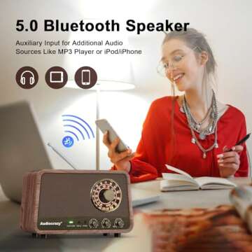 Audiocrazy AM FM Radio Retro Table Top Radio with Bluetooth Speaker,Vintage Wooden Finish Radio Plug in Wall for Home, Office,Aux in, Headphone Jack, Bass Control