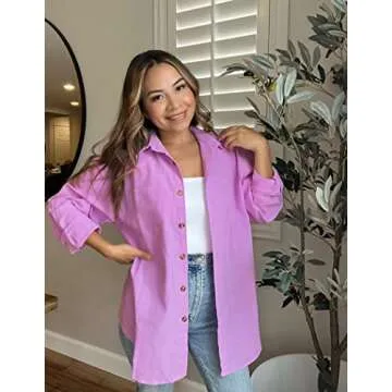 HOTOUCH Button Up Shirt Women 100% Cotton Linen Loose-Fitting Long Sleeve Shirt Casual Work Blouse D...