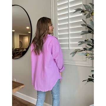 HOTOUCH Button Up Shirt Women 100% Cotton Linen Loose-Fitting Long Sleeve Shirt Casual Work Blouse Dark Lavender S